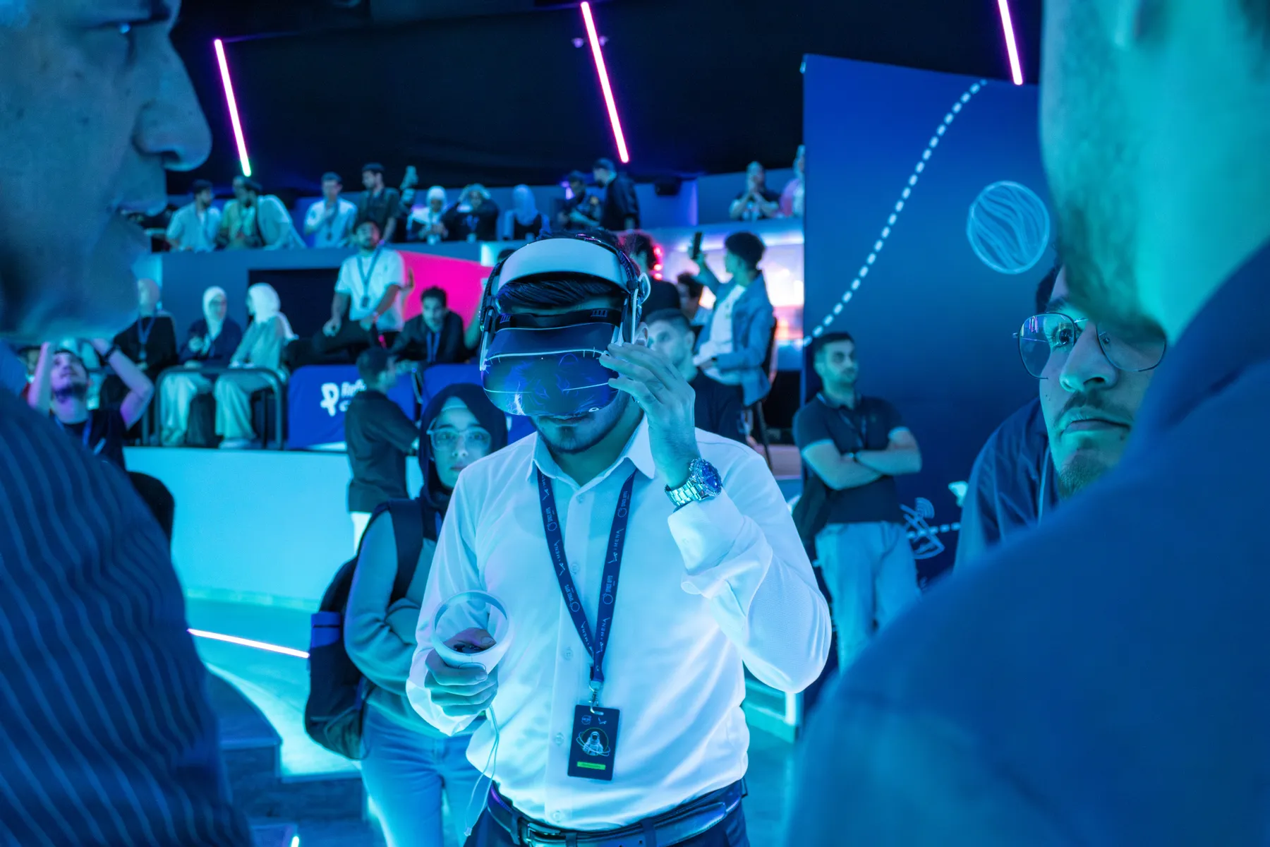 A participant trying a virtual reality headset