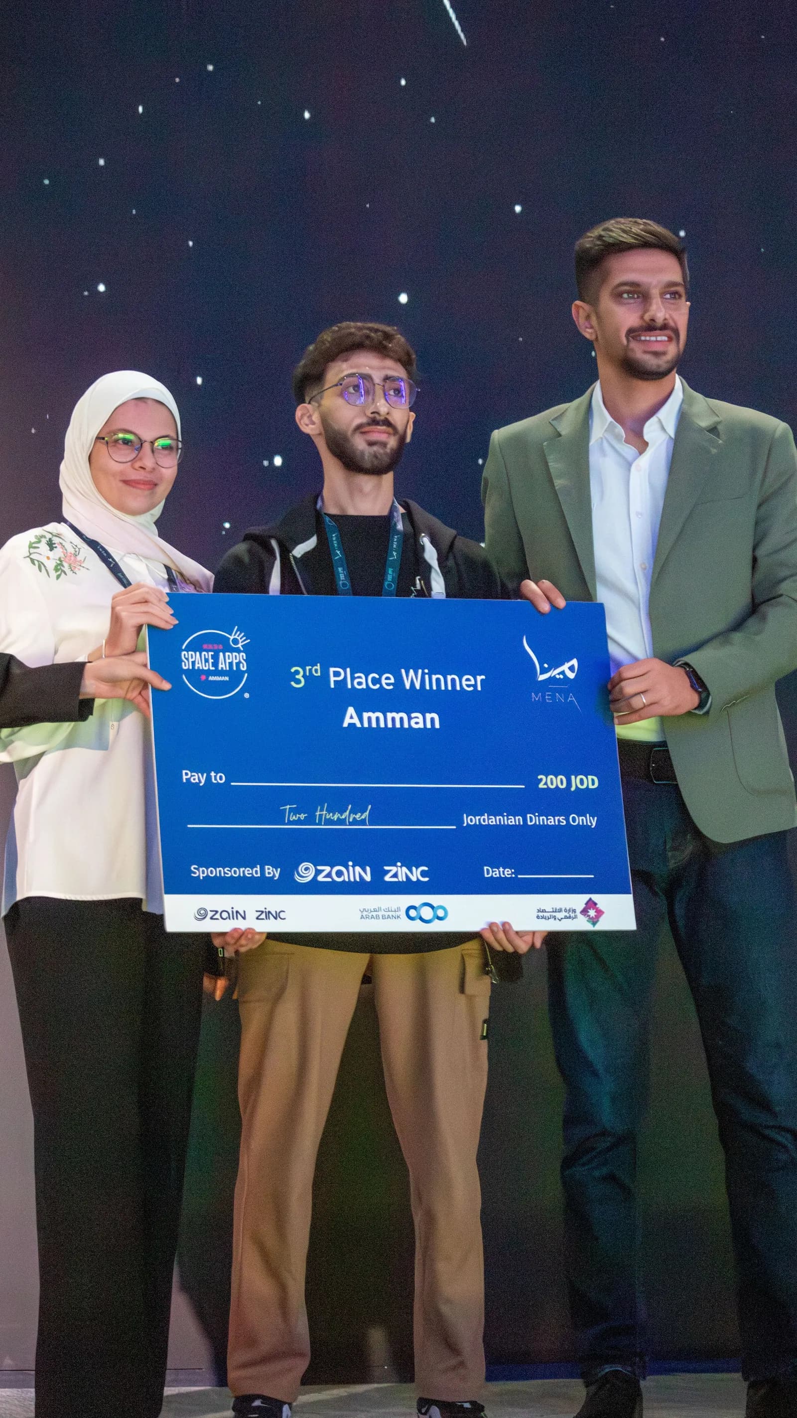A team holding an oversized winner's cheque