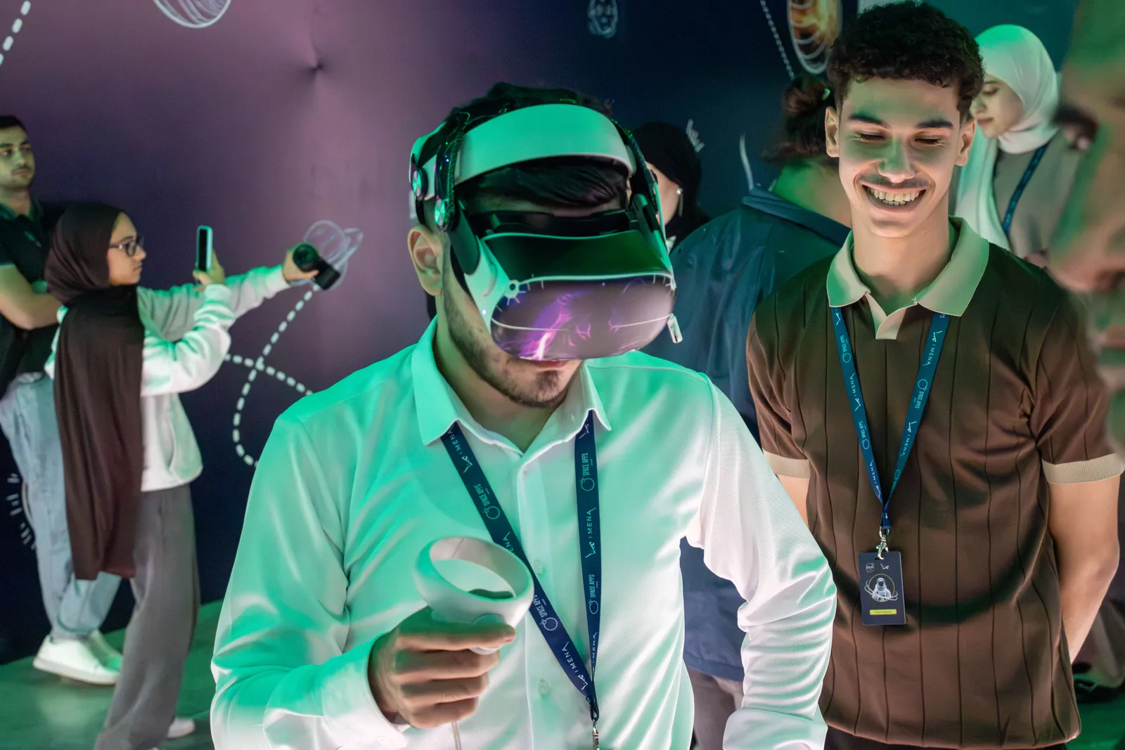 A participant trying a virtual reality headset